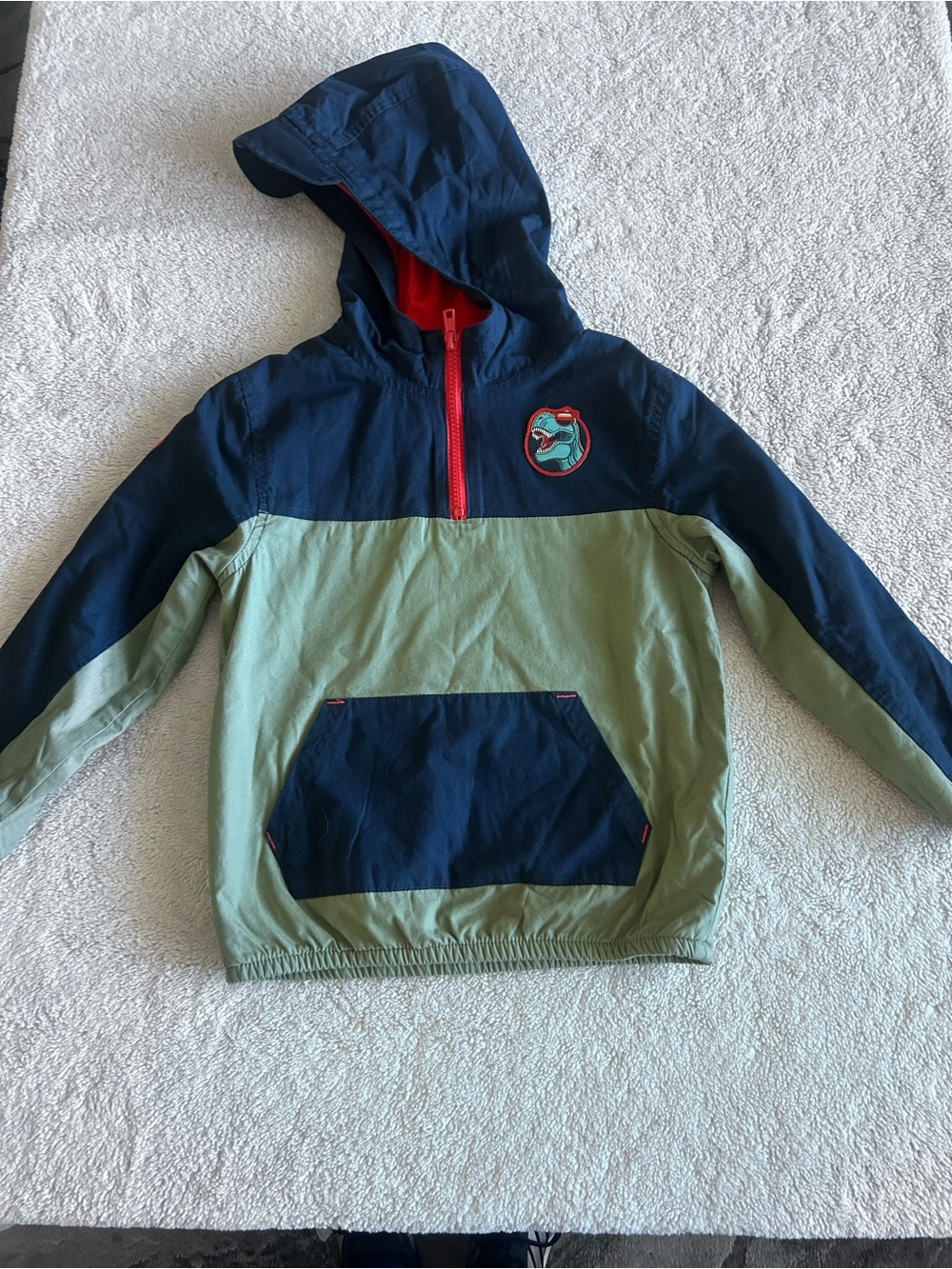Kids Colorblock Hooded Pullover Jacket - Navy & Sage with Red Zip